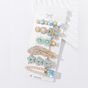 Blue & Gold Flower Decor Faux Pearl Alligator Hair Clips 6 Piece Set